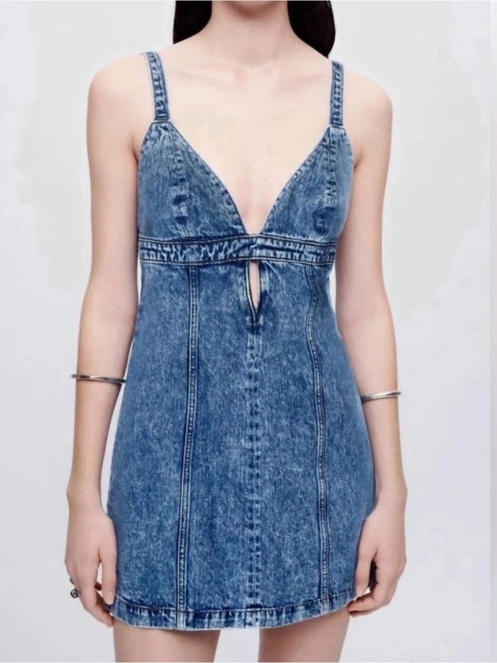 Re/Done Washed Denim Plunge Mini Dress in Blue